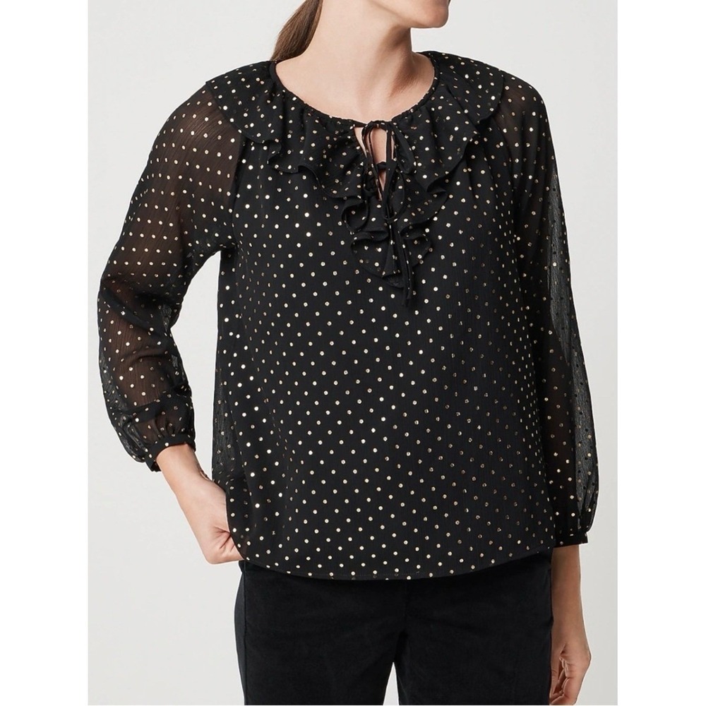 J. Crew Black Sheer Ruffle-Neck Blouse with Gold Polka‎ Dots